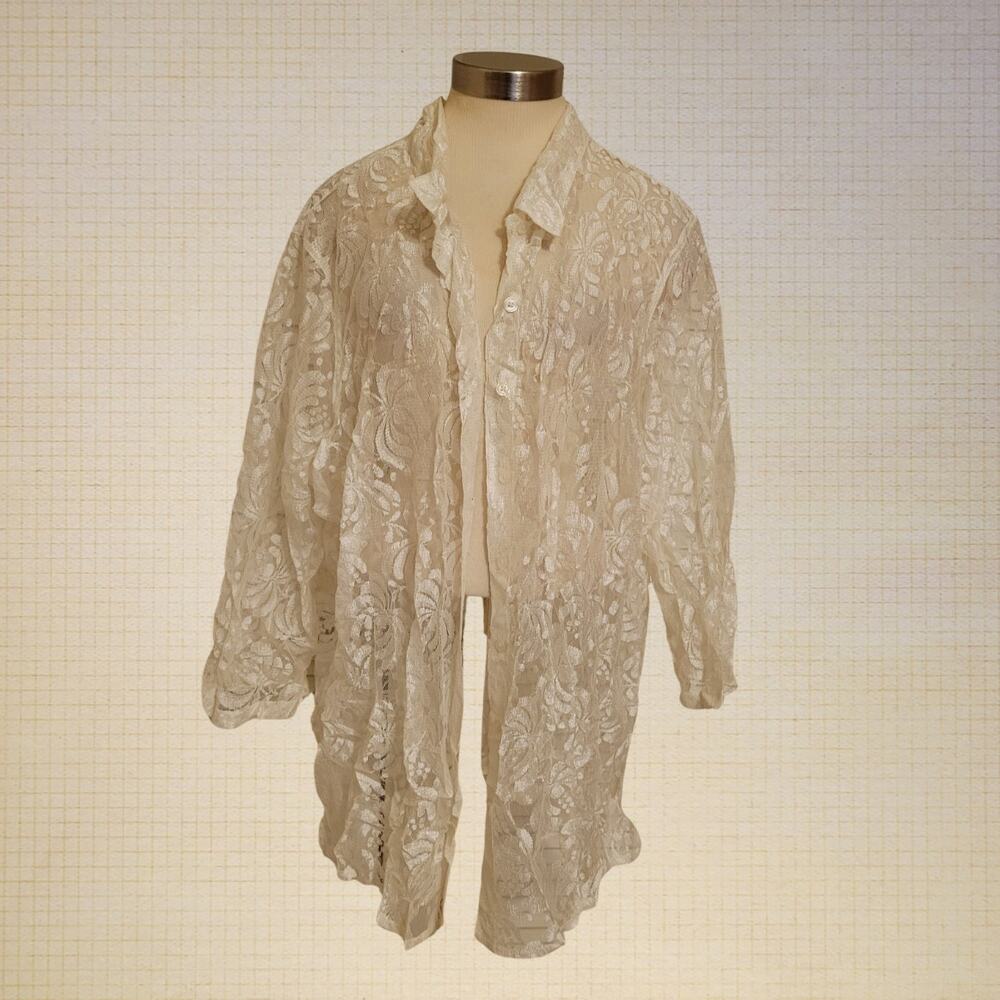 Lace Floral Button-Up Sheer Cover-Up Lightweight XL Women’s Shirt Blouse